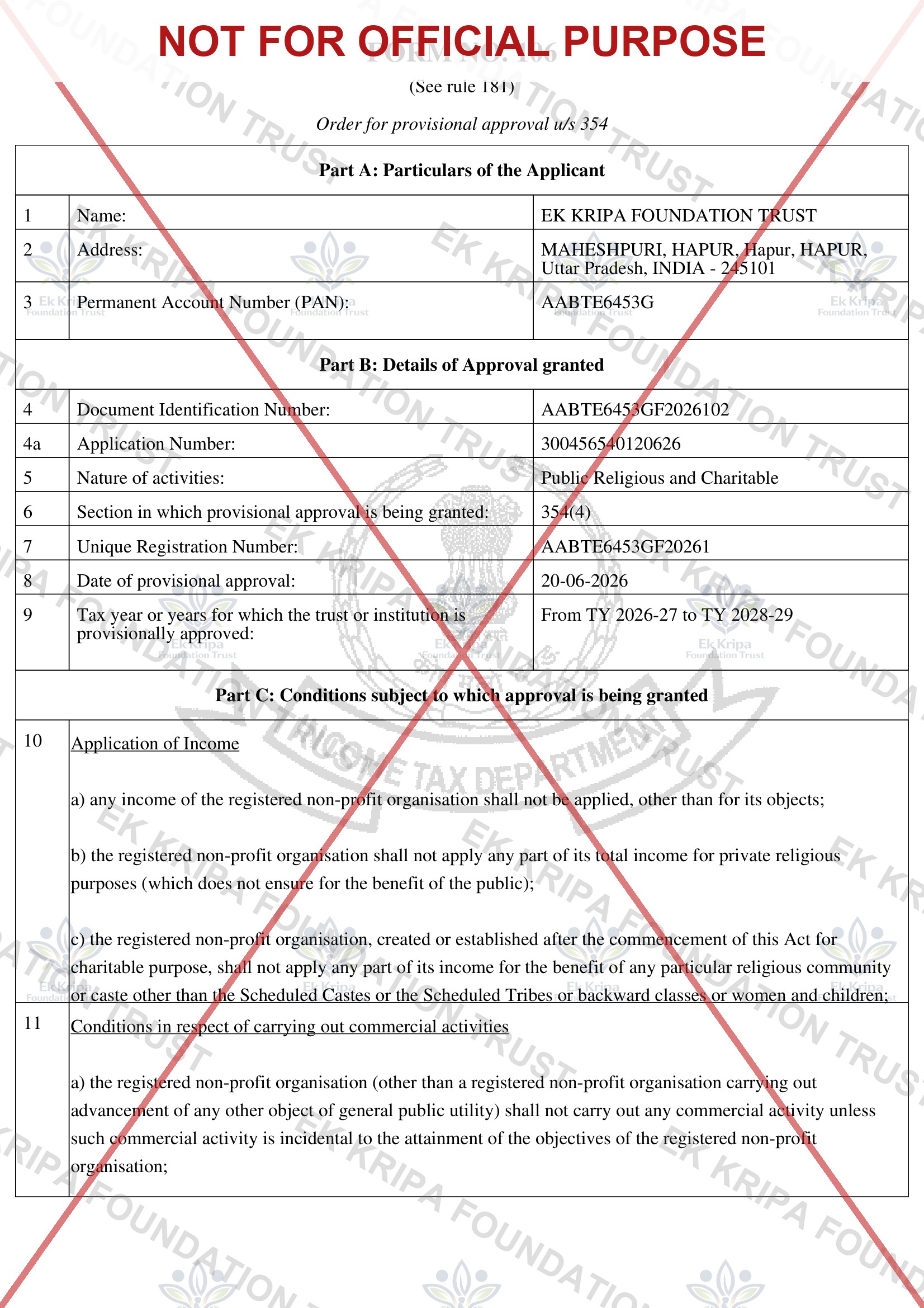 EK Kripa Foundation 12A registration certificate, page 1