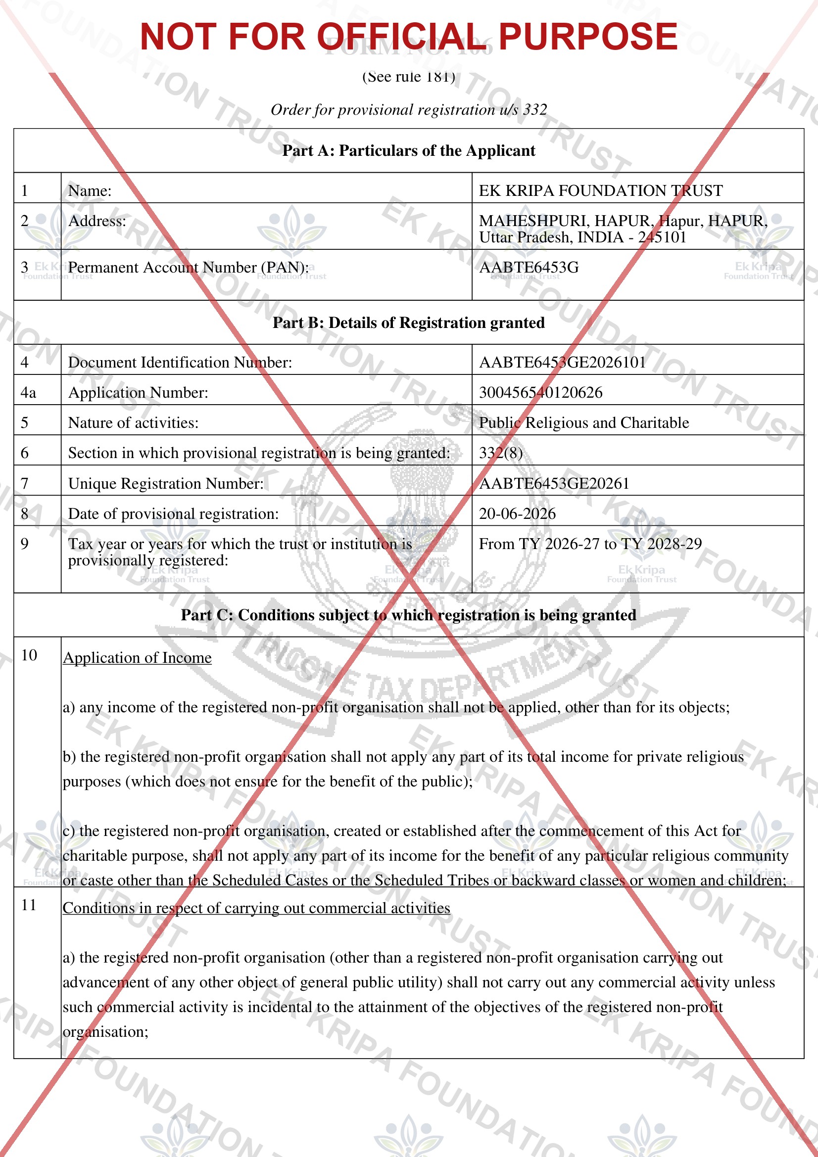 EK Kripa Foundation 80G registration certificate, page 1
